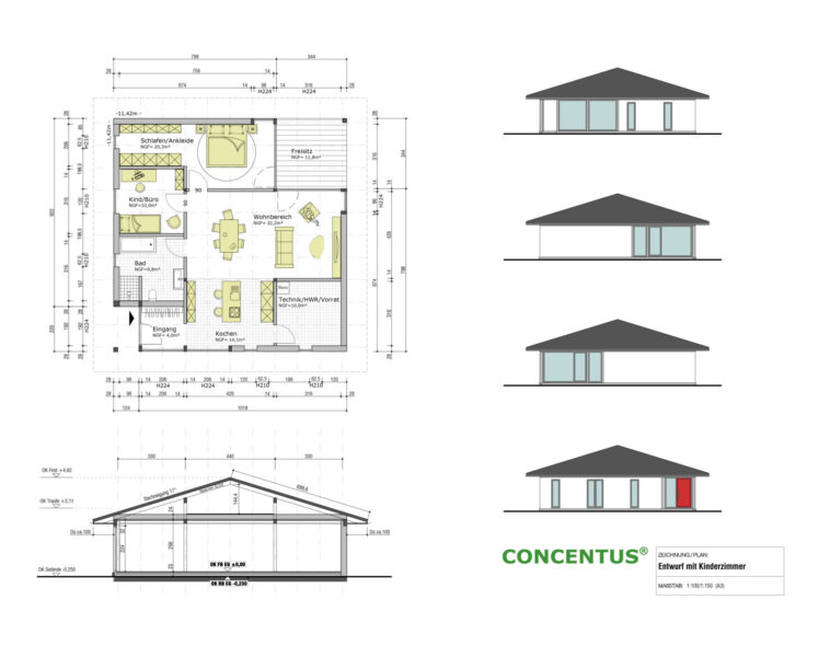 Aktionsbungalow 01 Mit Kind Bemaßt Fachwerkhaus Bungalow Senioren Fertighaeuser Aus Holz Grundriss